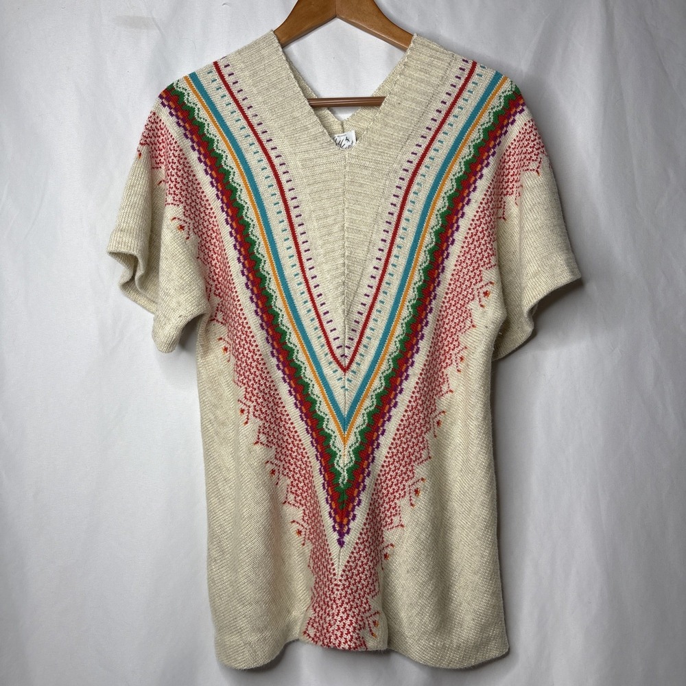 Vtg OS Robby Kent 70s Knit Sweater Dashiki Style V-neck Colorful Chevron Retro